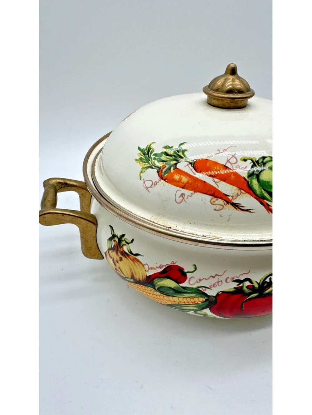 Vintage Ceramic Covered Casserole Tureen Vegetable Design Brass Tone Handles